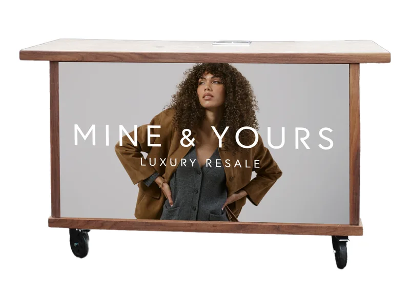 Custom bar signage example with Mine & Yours artwork on the walnut cart