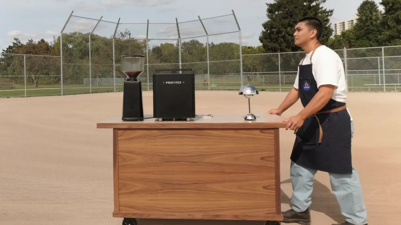 Lucky Coffee commercial: a barista wheels the walnut espresso cart through parks, streets and the waterfront around Toronto, ending on the Lucky logo